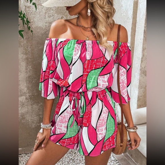 SHEIN Pants - Off Shoulder Floral Print Abstract Pink, Trumpet Sleeves, Shorts Boho Rompers